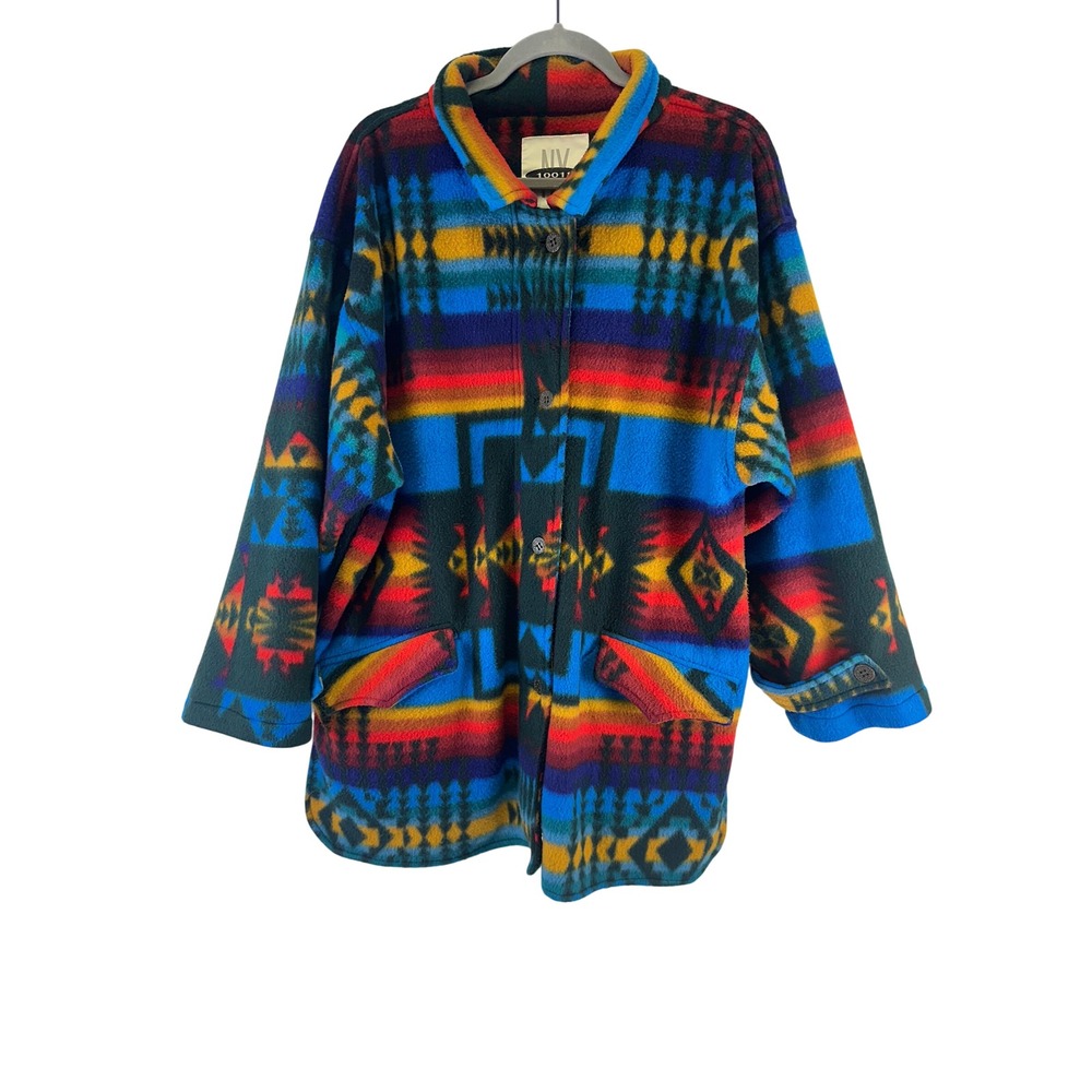NY 10018 Fleece Jacket Multicolored Aztec Geometric Button Collar Adult One Size